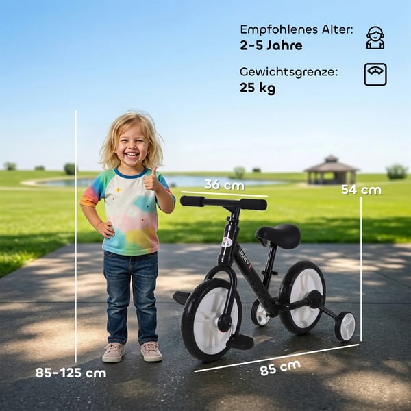 Børnecykel Løbecykel med støttehjul og pedaler, justerbar sædehøjde, til 2-5-årige, PP, Sort