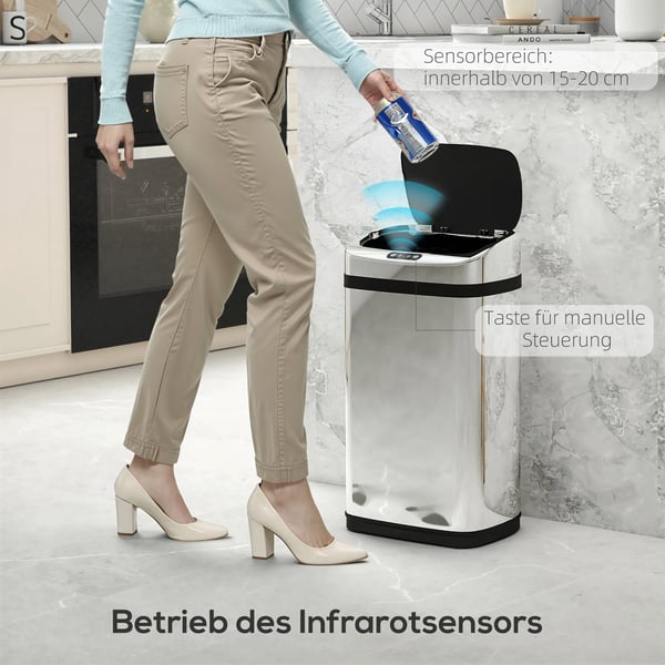 automaattinen sensorilla varustettu roska-astia, IR-sensori, 30L, neliskulmainen, valinnainen sisäastia, ruostumaton teräs