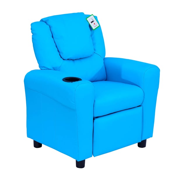 barnfåtölj med liggfunktion - minisoffa för 3-6 år, blå med mugghållare, 62x52x69cm
