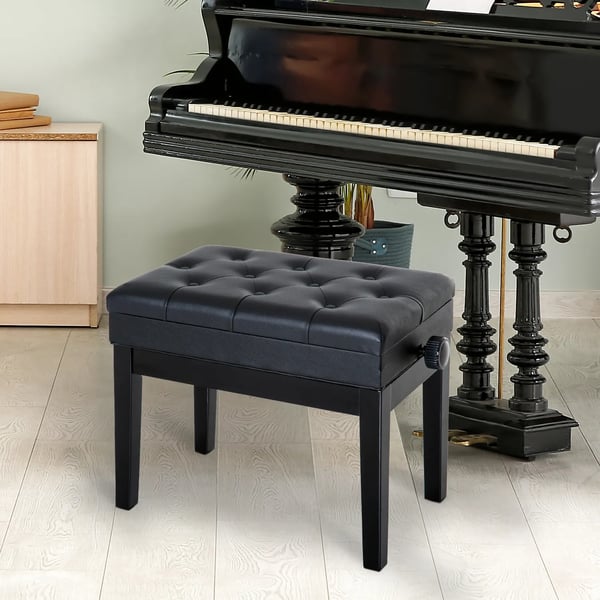 Justerbar Klaverbænk med Opbevaring - Sort, PU Læder & Træ - 54,5x33x48-58cm