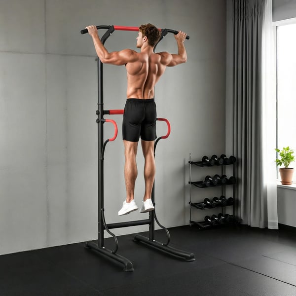 Power Tower Träningsstation för hemmagymmet - Justerbar för chins, dips och magövningar - Maxbelastning 120 kg - Svart/Röd