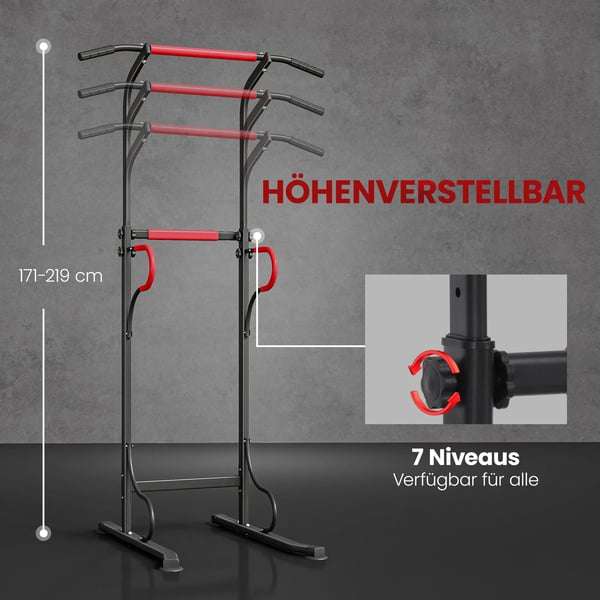 Power Tower Träningsstation för hemmagymmet - Justerbar för chins, dips och magövningar - Maxbelastning 120 kg - Svart/Röd