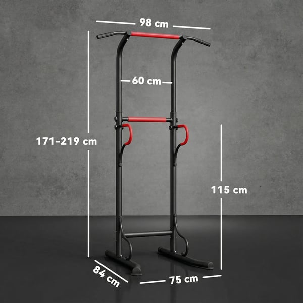 Power Tower Träningsstation för hemmagymmet - Justerbar för chins, dips och magövningar - Maxbelastning 120 kg - Svart/Röd