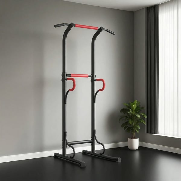 Power Tower Träningsstation för hemmagymmet - Justerbar för chins, dips och magövningar - Maxbelastning 120 kg - Svart/Röd