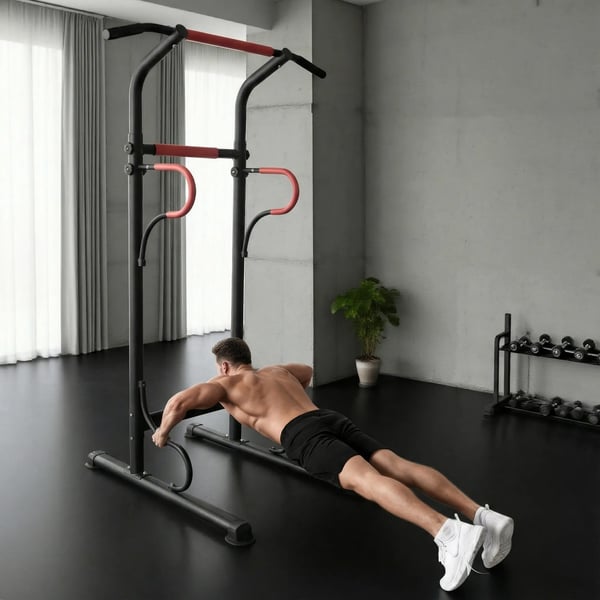 Power Tower Träningsstation för hemmagymmet - Justerbar för chins, dips och magövningar - Maxbelastning 120 kg - Svart/Röd