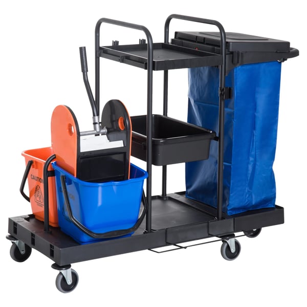 Städ- och systemvagn för professionell rengöring – med 4 hjul, 2 hinkar, moppress, avfallssäck – robust plast & metall – 111x63.3x103cm – Svart