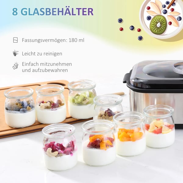 Jogurtinvalmistuslaite 25W, LCD-näyttö, 8 lasia kannella, 180ml, säädettävä lämpötila, PC- ja PP-muovi