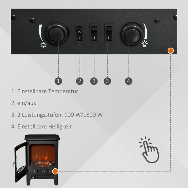Vapaasti seisova sähkötakka, liekkiefektillä, 900/1800W, Musta, Teräs/ABS-muovi