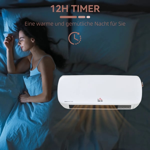 Seinäkiinnitteinen lämmitin 2000W kaukosäätimellä, 2 lämmitystilaa, LED-näyttö, 12h ajastin kylpyhuoneeseen