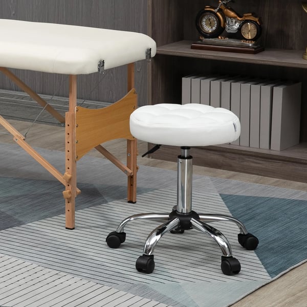 Rullpall Justerbar Arbetsstol Salong - Konstläder Vit, Stål Hjul Ø35,5 x 51-67 cm