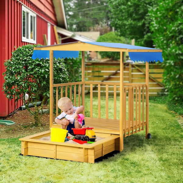 sandkasse med tag, træ-sandkasse med legehus, hjul, til 3-8 år, 133x129x137,5 cm, have, natur