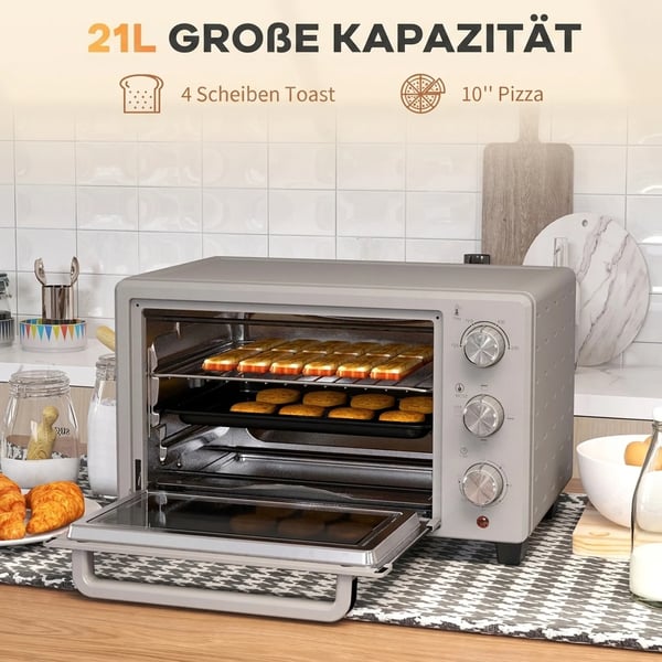 Minibage 21L Pizzabage, Bordbage med grillrist, krummebakke, 1400W, 60 min timer, 100-230°C, rustfrit stål, sølv