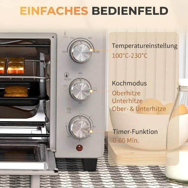 Minibage 21L Pizzabage, Bordbage med grillrist, krummebakke, 1400W, 60 min timer, 100-230°C, rustfrit stål, sølv