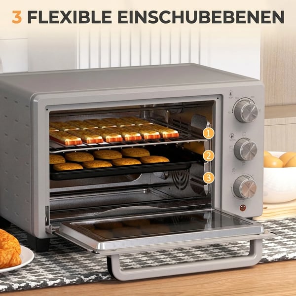 Minibage 21L Pizzabage, Bordbage med grillrist, krummebakke, 1400W, 60 min timer, 100-230°C, rustfrit stål, sølv