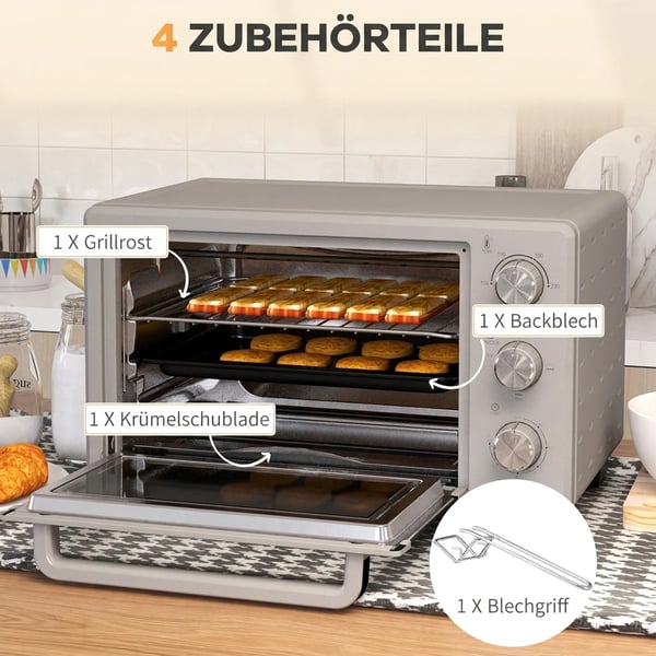 Minibage 21L Pizzabage, Bordbage med grillrist, krummebakke, 1400W, 60 min timer, 100-230°C, rustfrit stål, sølv