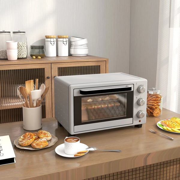 Minibage 21L Pizzabage, Bordbage med grillrist, krummebakke, 1400W, 60 min timer, 100-230°C, rustfrit stål, sølv