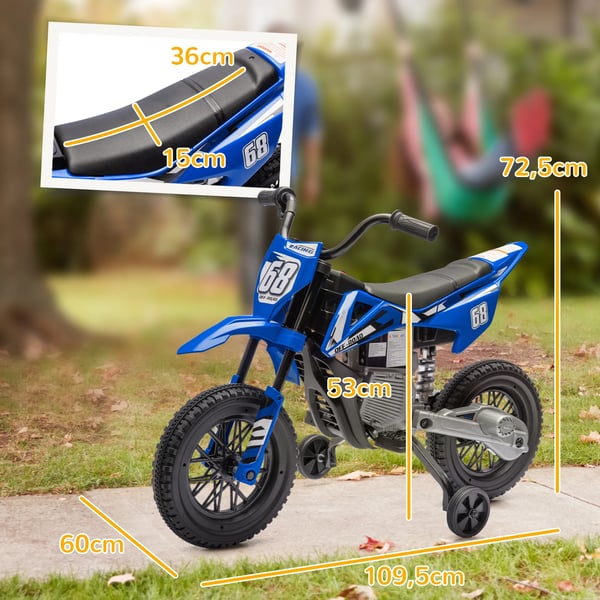 Elmotorcykel för barn, 12V, blå - med musik och stödhjul, 2,4-5 km/h, max 30kg, 3-6 år