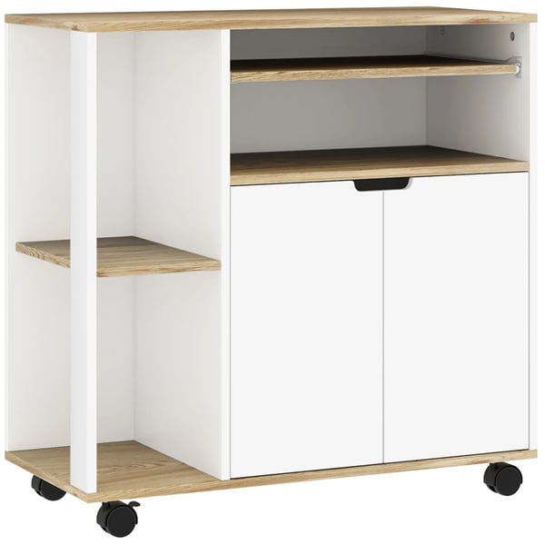 køkkenvogn serveringsvogn med skab, flytbare og justerbare hylder, rullebord med bordplade, hjul til spisestue, 80 x 40 x 82 cm, hvid