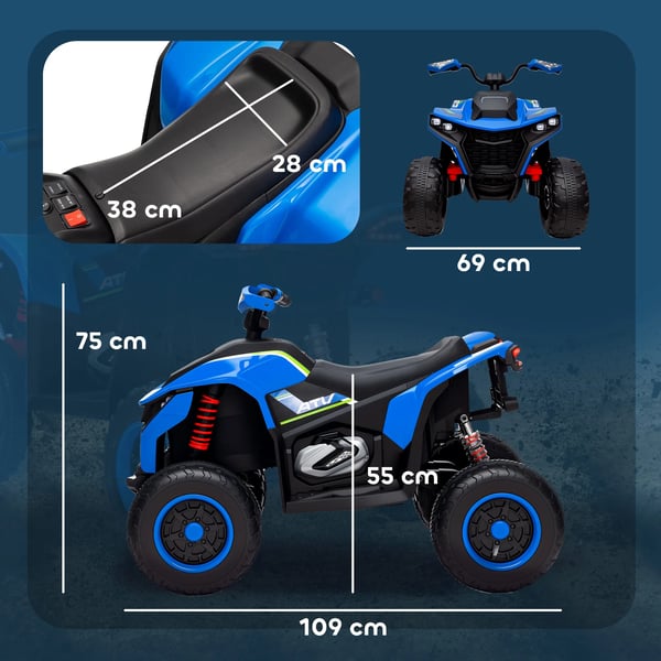 Sähköinen Mönkijä Lapsille 12V, 2 Moottoria, LED-valot, USB, Musiikki – Sininen (3-8v)