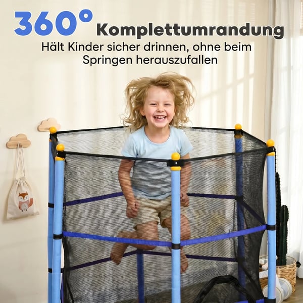 Børnetrampolin Ø163 cm med sikkerhedsnet, kantbeskyttelse, blå, til 3-10 år, maks. 50 kg