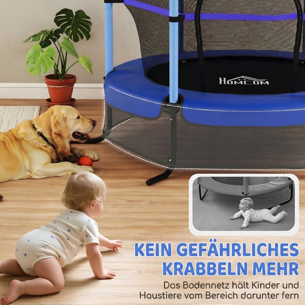 Børnetrampolin Ø163 cm med sikkerhedsnet, kantbeskyttelse, blå, til 3-10 år, maks. 50 kg