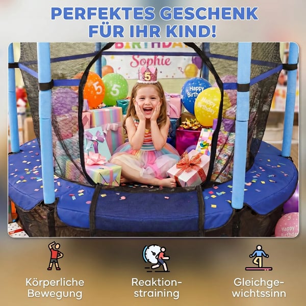 Børnetrampolin Ø163 cm med sikkerhedsnet, kantbeskyttelse, blå, til 3-10 år, maks. 50 kg