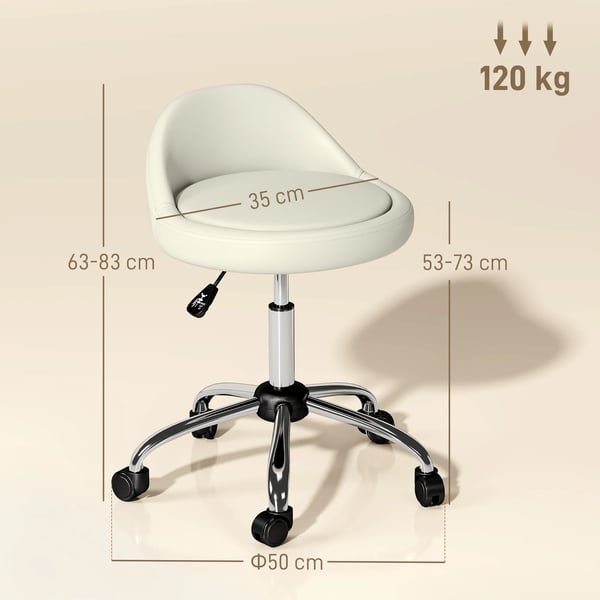 -työjakkara, korkeussäädettävä 63-83 cm, pyörivä tuoli pyörillä, kampaamotuoli, tekonahka, valkoinen