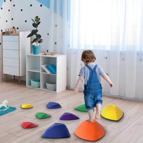 balance sten 9 stk. flerfarvet, skridsikkert design, til indendørs/udendørs brug, superstabelbare, TPE-plast, 3-8 år, max. 80 kg belastning