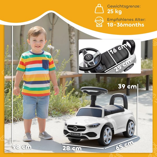 Mercedes-Benz C-Klasse Løbecykel til Børn - Hvid, med Horn, Opbevaring, Plastik