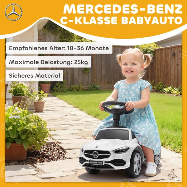 Mercedes-Benz C-Klasse Løbecykel til Børn - Hvid, med Horn, Opbevaring, Plastik