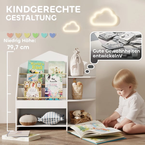 Børne bogreol med 7 hylder, hvid, børnesikker, Montessori, FSC-træ
