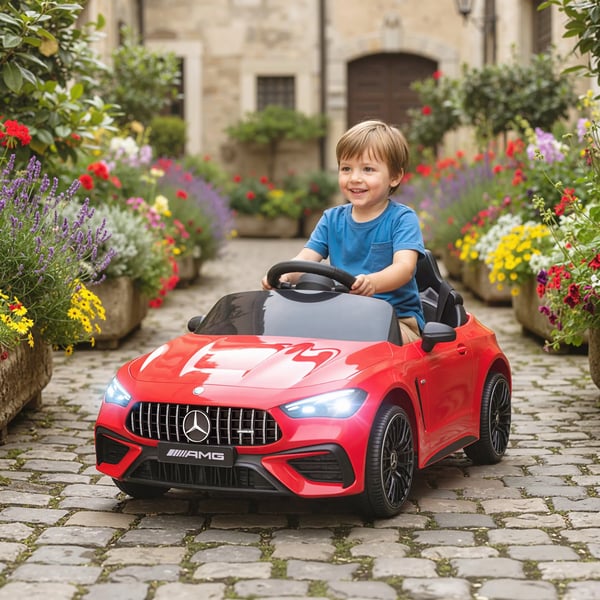 Børne elbil, Mercedes-design, Fjernbetjening, LED, Musik, Rød, Plast