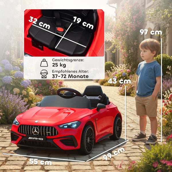 Børne elbil, Mercedes-design, Fjernbetjening, LED, Musik, Rød, Plast