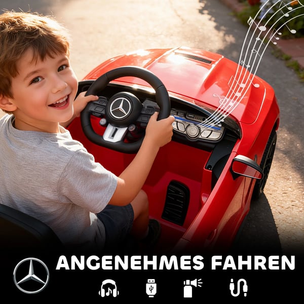 Børne elbil, Mercedes-design, Fjernbetjening, LED, Musik, Rød, Plast