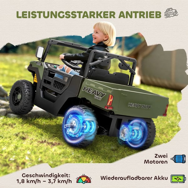 Elektrisk køretøj til børn, 2 motorer, bagagerum, UTV-design, grøn