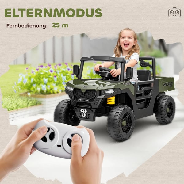 Elektrisk køretøj til børn, 2 motorer, bagagerum, UTV-design, grøn