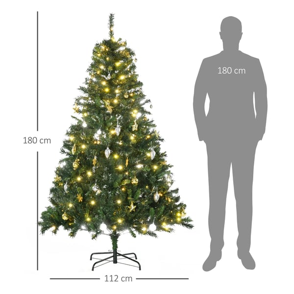 Tekojoulukuusi, 180cm vihreä, 745 kärkeä, 200 LED-valoa, pallukoristeilla