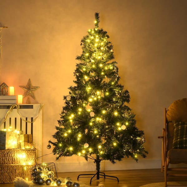 Tekojoulukuusi, 180cm vihreä, 745 kärkeä, 200 LED-valoa, pallukoristeilla