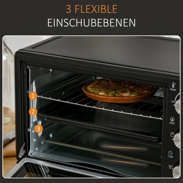 Miniovn, 21L, 3 tilberedningsfunktioner, 100°C-230°C, 1400W, rustfrit stål og glas, sort+sølv, 46,4x38x28,5 cm