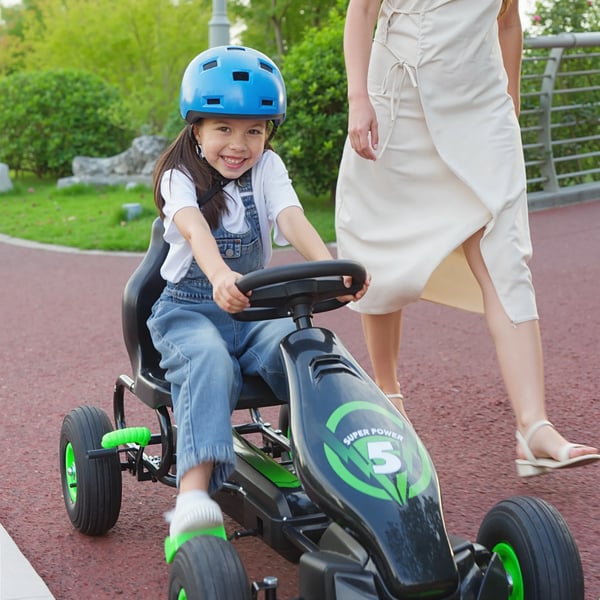 Gokart för barn, Grön+Svart, med justerbart säte, gummidäck och handbroms, från 5 år