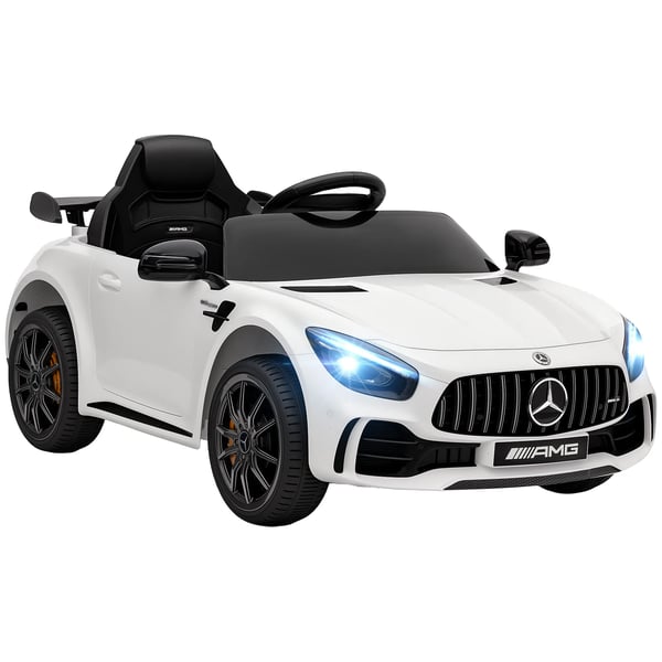 Lasten sähköauto 12V Mercedes-Benz AMG GTR - Valkoinen (2.4G Kauko-ohjain, MP3, Valot, Pehmeä Käynnistys)