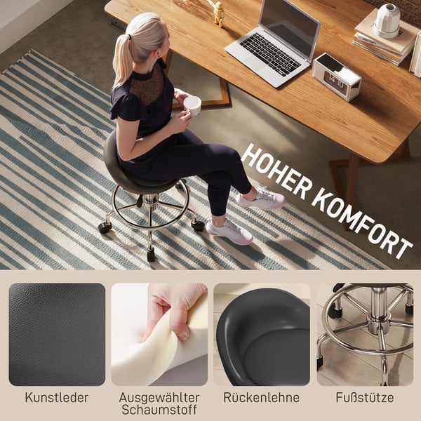 säädettävä rullaava työjakkara selkänojalla ja jalkatuella, keinonahkaa, musta