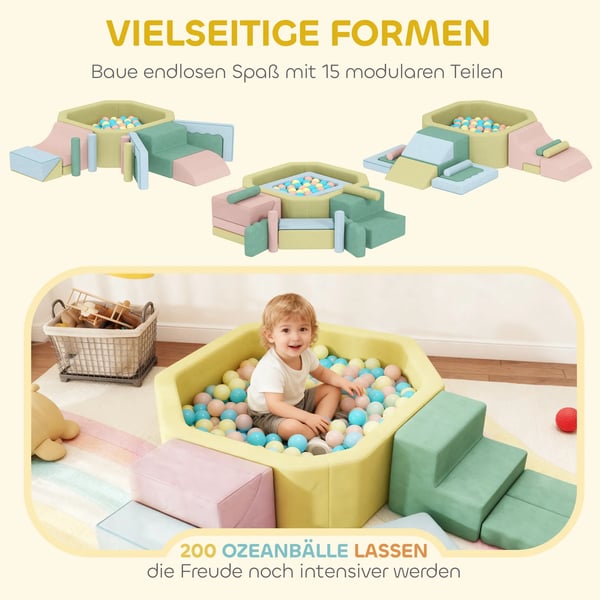 15-osainen pehmeä rakennuspalikkasetti, 200 muovipalloa, pallomeri taaperoille, sisäkäyttöön, vaahtomuovi, monivärinen