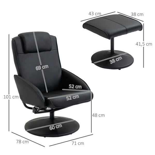 Relaxstol med Fodskammel, Sort Kunstlæder, Vippebar, Ergonomisk, 120kg belastning