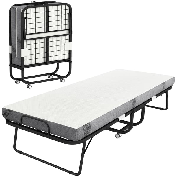 Gæsteseng, foldbar seng med hjul, stål/skum, hvid/sort, 200x80x42,5cm