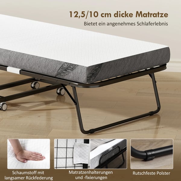 Gæsteseng, foldbar seng med hjul, stål/skum, hvid/sort, 200x80x42,5cm