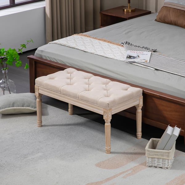 Vintage polsterbank, beige, polyester, gummiträ, 80x40x43cm, max 120kg