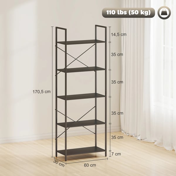 Reol m. 5 Niveauer – Sort Metal – 60x30x170,5 cm