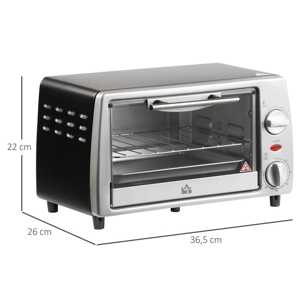 elektrisk ovn 10L med justerbar temperatur og timer, grill og pande medfølger, 750W, 36,5x26x22cm, sølvsort