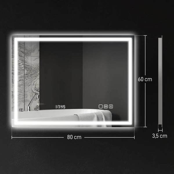LED Badrumsspegel 80x60 cm - Silver Härdat Glas med Bluetooth, Klocka, Anti-dim & Minnesfunktion